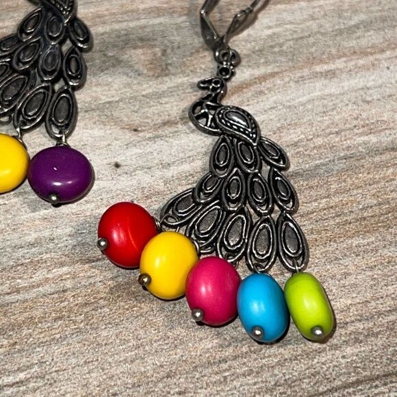 Peacock earrings woman’s 3” dangling multi colored animal bohemian  SilverTone - Picture 3 of 6